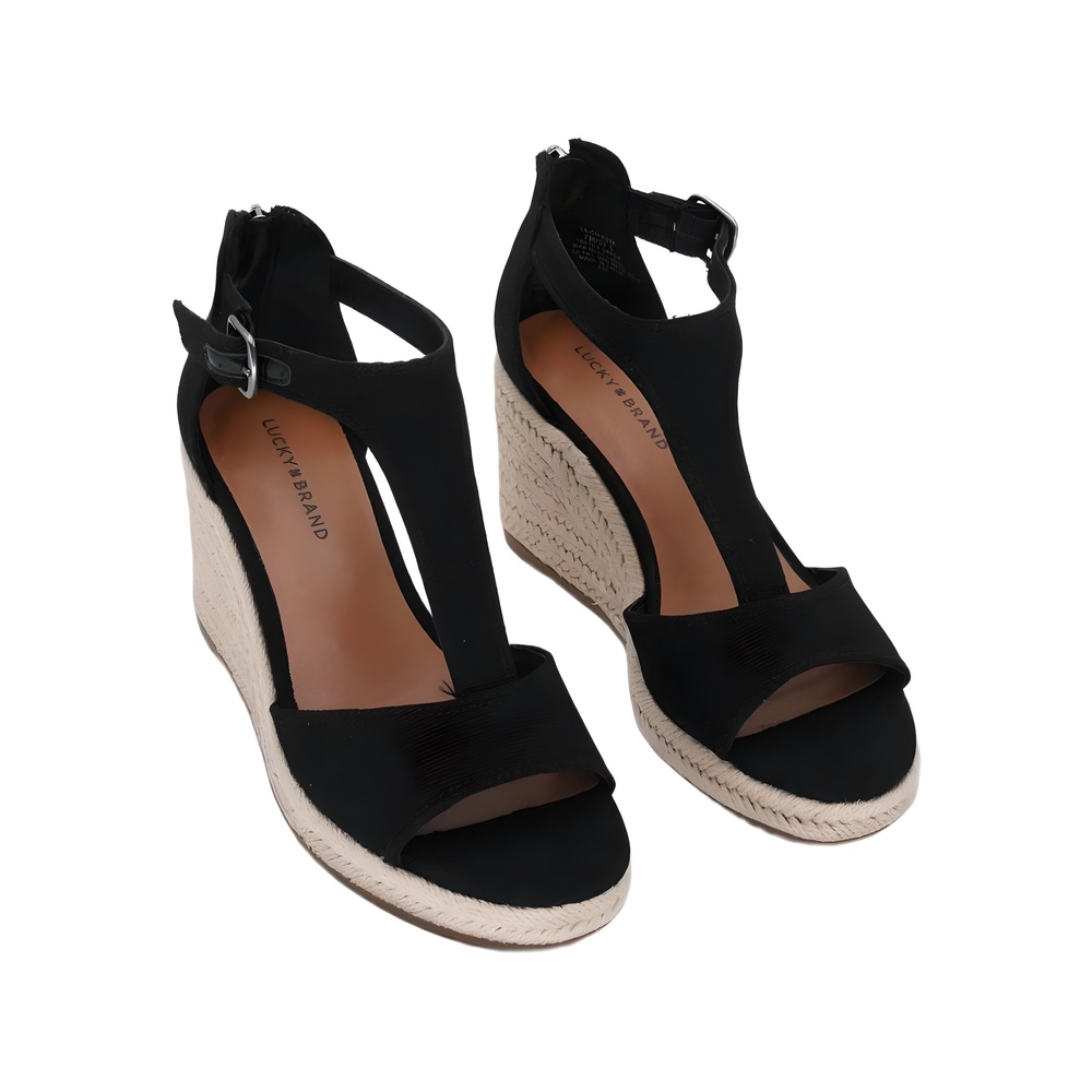 Lucky Brand Cyleste T-Strap Espadrille Wedge Sandal Black Size 7M